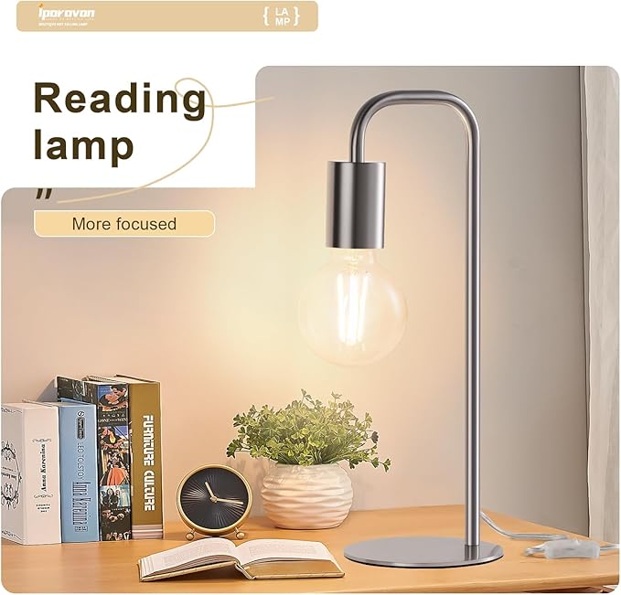 Industrial Table Lamp for Bedroom, Small Side Table Lamp for Nightstand with Wire Switch, E26 Socket Base, Modern Desk Lamp for Living Room, Reading, Office (Bulb Not Included), Silver