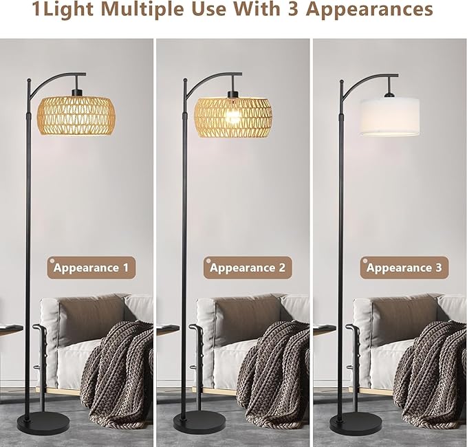 Arc Floor Lamps for Living Room Rattan Boho Floor Lamp with Remote Control,Dimmable LED Floor Lamp Wicker Lamp Shades Black Standing Lamp with 3 Color Temperature Tall Floor Lamps For Bedroom Corner