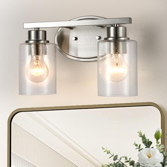 Bathroom Vanity Light Fixtures Over Mirror, Seeded Glass Bathroom Vanity Light, 2 Light Brushed Nickel Bathroom Light Fixtures with Clear Glass, Modern Rustproof Vanity Light Wall Mount