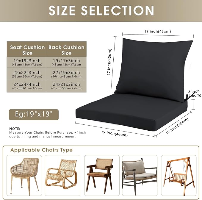Outdoor Seat Cushion Set 19 x 19 In, Water-Resistant & Fade-Resistan, Patio Furniture Cushions with Removable Cover Deep Seat & Back Cushion with Handle and Adjustable Straps for Chair Sofa,2PC