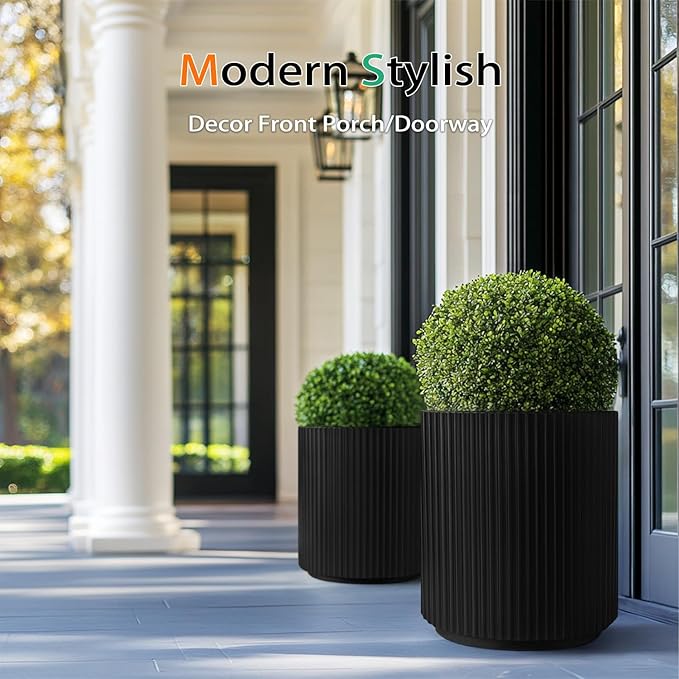 Round Planter Outdoor Indoor, Large Plant Pots for Porch, Patio, Backyard, Modern Decor for Tall Plants, Flowers (Vertical Black, 16 inch - 2 Pack)