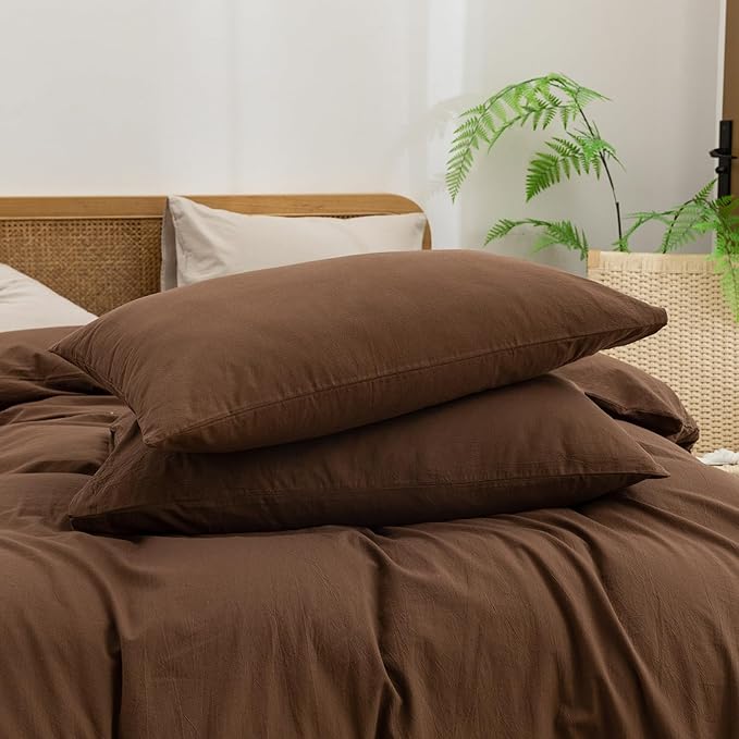 BESTOUCH Duvet Cover Set 100% Washed Cotton Linen Feel Super Soft Comfortable Chic Lightweight 3 PCs Home Bedding Set Solid Cocoa Brown King