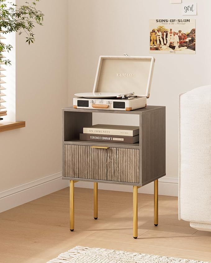 Nightstand,Morden Bedside Table with Gold Frame,Small White Night Stand,End Table,Bedside Furniture,Side Table with Drawer and Shelf for Bedroom,Living Room (1Drawer, Grey)