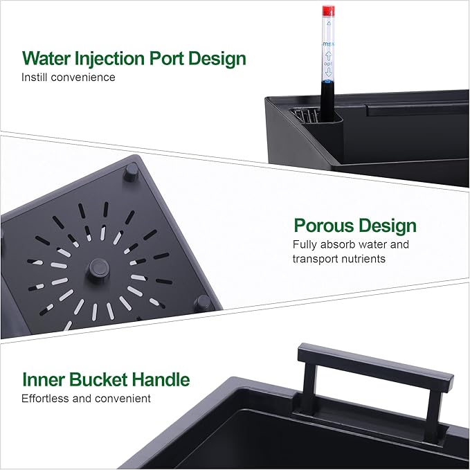 GAOMON 23" Tall Planters Set of 2, Outdoor＆Indoor Black Planter Pots, High Front Porch Planter Pots with Drainage Holes＆Water Level Monitor＆Inner Bucket, Automatic Watering, Convenience Instill