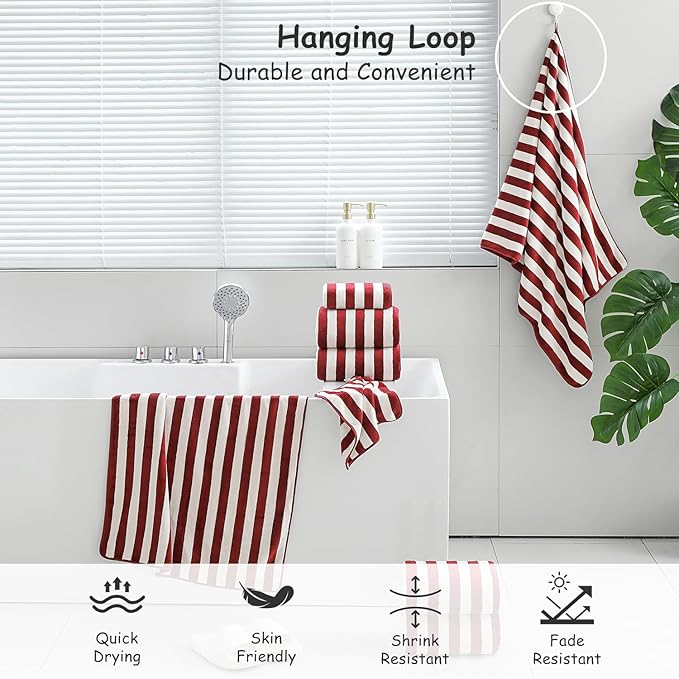 18 Pcs Red Cabana Stripe Family Towels Set with Hanging Loop-6 Bath Sheets,6 Hand Towels,6 Washcloths Ultra Soft Bathroom Towel Highly Absorbent Quick Dry Shower Towel for Beach Chair,Spa,Gym,Hotel