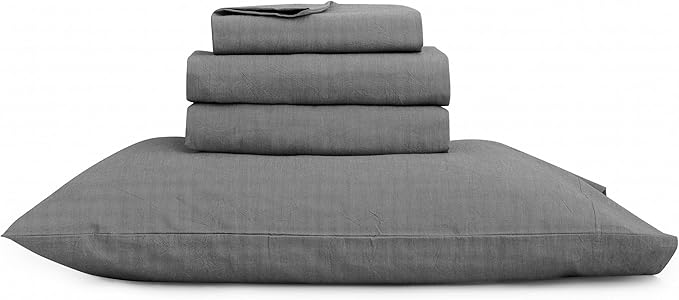 BESTOUCH Sheet Set 100% Washed Cotton Linen Feel Super Soft Comfortable Chic Lightweight 4 Pcs Home Bedding Set Solid Dark Grey King