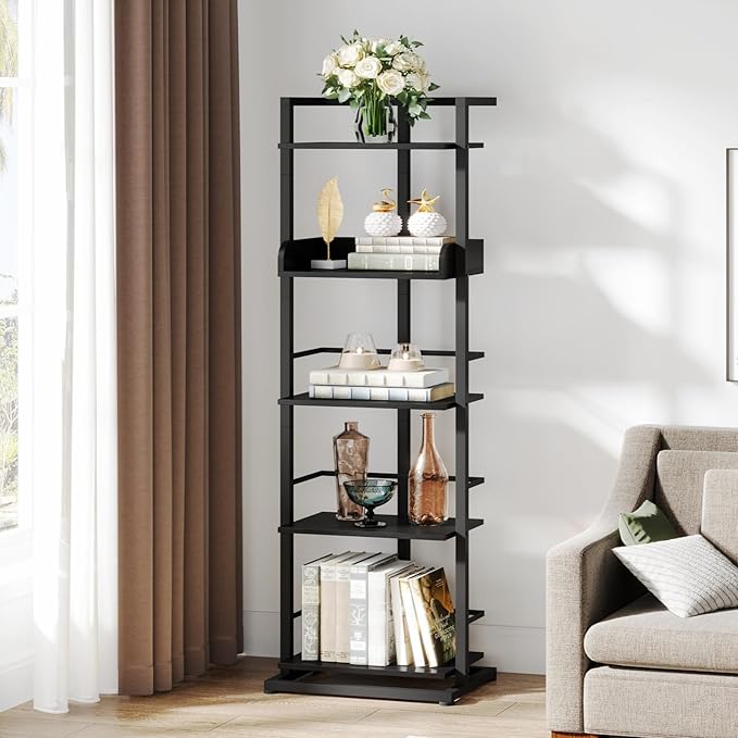 Hosfais Book Shelf Tall Bookshelf: 5 Tier Wood Bookcase with Metal Edge Protection Industrial Narrow Bookshelf Corner Storage Organizer Display Book Rack for Living Room Bedroom Home Office (Black)