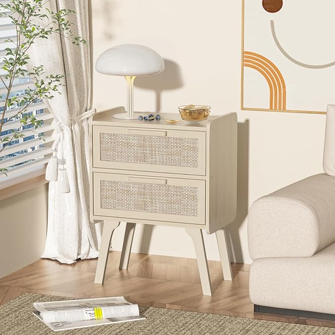 Lerliuo Rattan Nightstands Set of 2, Boho Night Stand with 2 Drawers, Cane Accent Side End Table, Bedside Table with Solid Wood Legs for Bedroom, Dorm and Small Spaces (Grey Oak)