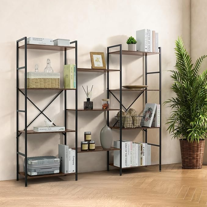 CAPHAUS Triple Column 4 Tier Bookshelf, Industrial Triple Bookcase with 11 Open Display Shelves, Adjustable Wide Shelf for Living Room, Bedroom, Home and Office, Rustic Oak