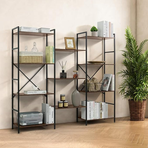 CAPHAUS Triple Column 4 Tier Bookshelf, Industrial Triple Bookcase with 11 Open Display Shelves, Adjustable Wide Shelf for Living Room, Bedroom, Home and Office, Rustic Oak