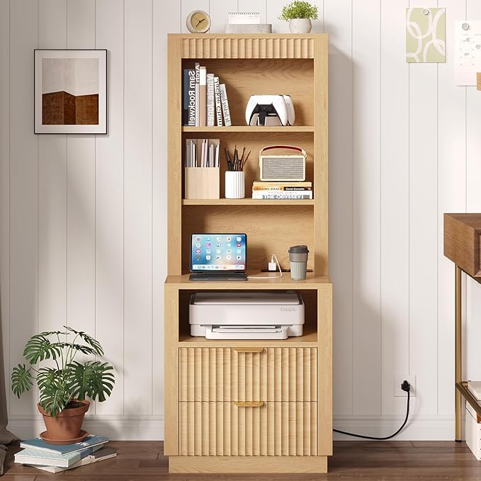 ADORNEVE Tall Fluted Nightstand, Side Table with Drawers & Open Shelf, Mid Century Modern Night Stand with Metal Handle, Wooden Bedside End Table for Bedroom,Living Room,Natural Oak
