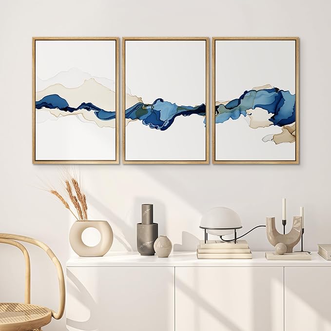 SIGNWIN 3 Piece Framed Canvas Wall Art Blue and Brown Watercolor Nature Wilderness Illustrations Abstract Traditional Relax/Calm Home Artwork Decoration for Living Room,Bedroom - 16"x24"x3 Natural