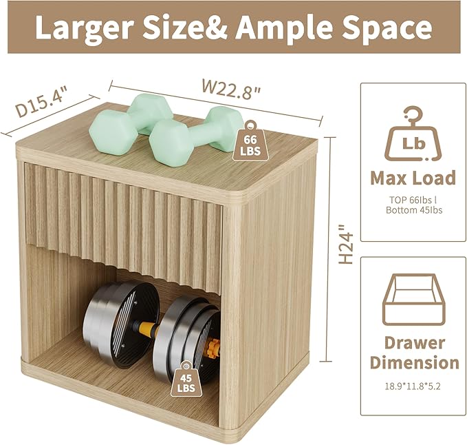 Large Modern Nightstand with Drawer Storage 22.8Inch Wide Fluted Bedside Table End Table for Bedroom, Living Room, Sofa, Couch, Home Office，Mid Century Bed Stands (2Pieces)