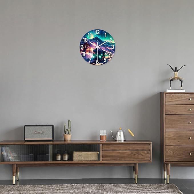 XNM Aurora Glass Battery Wall Clock 12 Inch Snow Mountain Teal Office Clock Analog Modern Round Silent Wall Clock Non Ticking