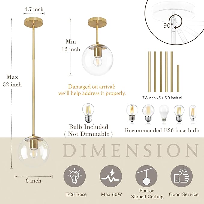 6 Inch Globe Pendant Light Gold Mid Century Pendant Light Contemporary Globe Pendant Lights Kitchen Island Clear Glass with Brass Finish Adjustable Hanging Light Fixture for Kitchen Island