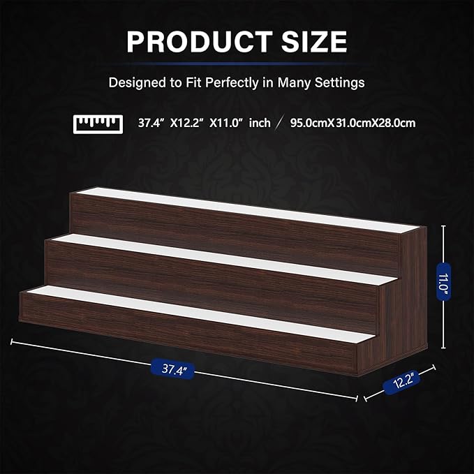 LED 38 Inch Bar Display Shelf, Wine Rack Bottle Shelf with App & Remote Control, 3 Step Freestanding Holding Bottles for Home Bar, Party, Walnut