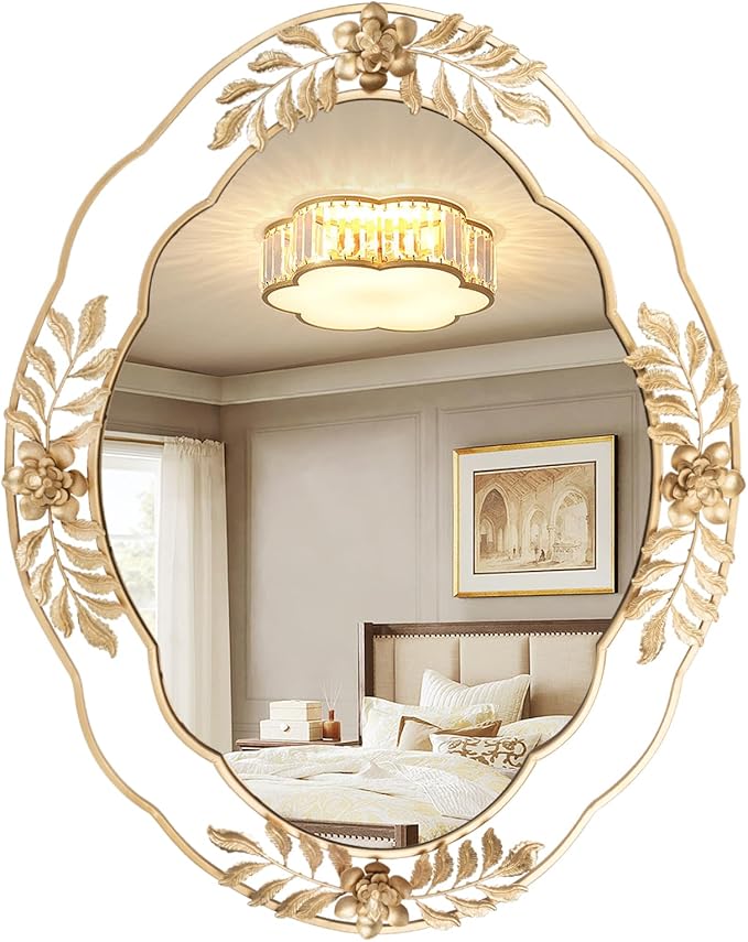 Gold Mirrors for Wall, 22"x29" Oval Metal Frame Decorative Mirror, Chic Floral Ornate Hanging Vanity Mirror for Dresser, Bathroom, Mantel,Entryway