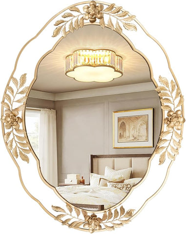Gold Mirrors for Wall, 22"x29" Oval Metal Frame Decorative Mirror, Chic Floral Ornate Hanging Vanity Mirror for Dresser, Bathroom, Mantel,Entryway