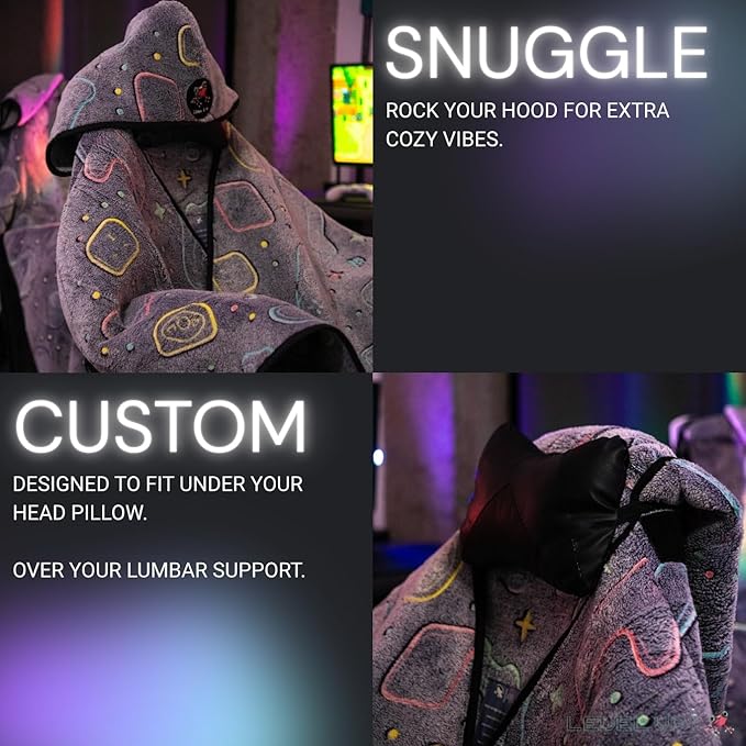LEVEL UP WRAP® – Glow-in-The-Dark Gaming Chair Blanket with Hood | Cozy, Oversized Fit | Secure Attachment | Easy-Wash, Eco-Friendly Fleece | Gamer Gift | Pattern: Cosmic Controllers