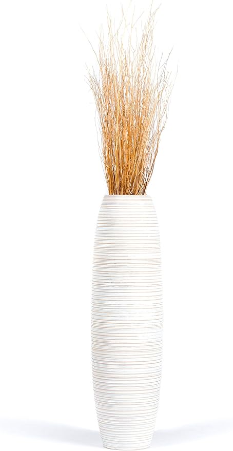 Leewadee Large White Wash Home Decor Floor Vase – Wooden 34 inches Tall Farmhouse Decor Flower Holder for Fake Plant and Pampas Grass