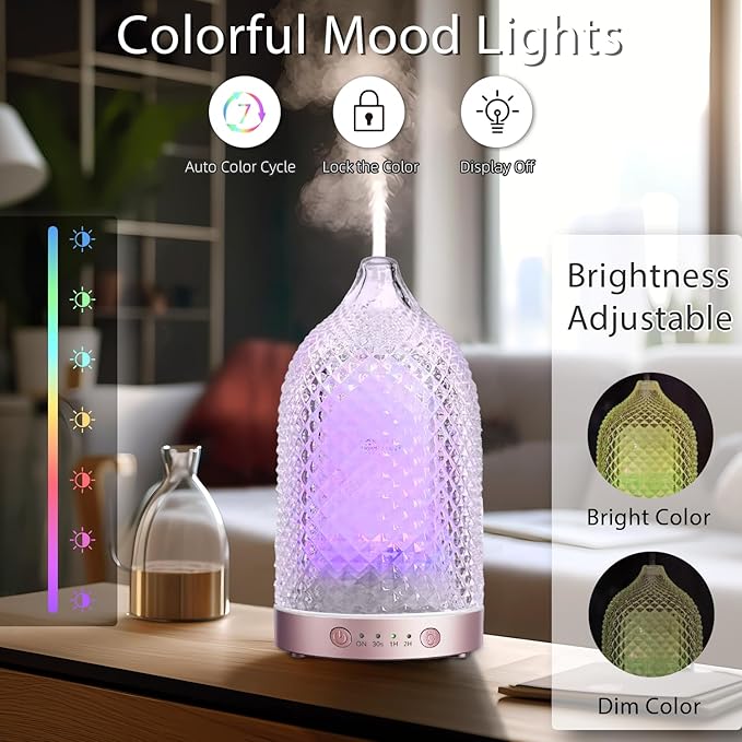 7 Colors Glass Diffuser, 200ML Essential Oil Diffuser, Ultrasonic Aromatherapy Diffuser with Timer, Auto-Off Protection, Cool Mist Aroma Diffuser for Home, Office,Yoga (Rose Gold)