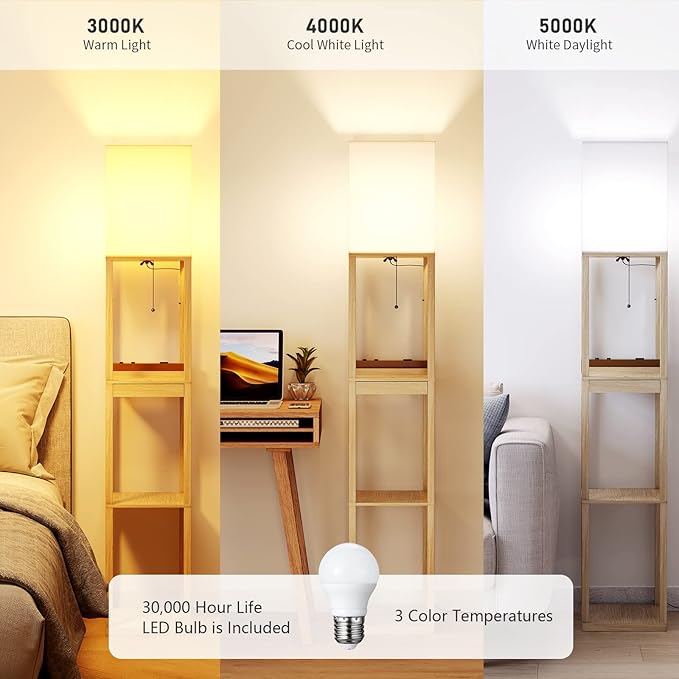 SUNMORY Floor Lamp with Shelves,Modern Dimmable Wood Standing Lamp with 1 Drawer and 2 USB Ports & 2 Power Outlet,Corner Tall Bookshelf Lamp for Living Room and Bedroom(Wood Color)