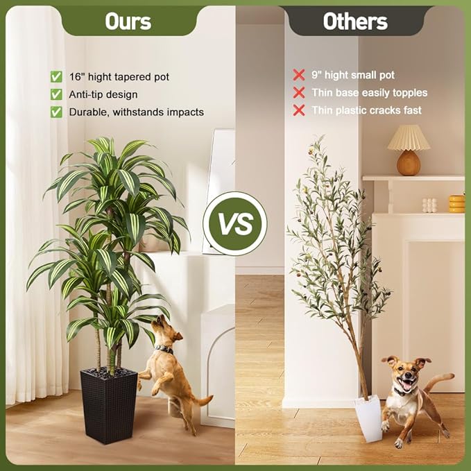 Artificial Dracaena Tree 6FT - UV Resistant Faux Tree with Large Taper Planter & Pebbles - Tall Fake Plants Indoor & Outdoor, Potted Floor Plant for Home Living Room Porch Decor, VN127