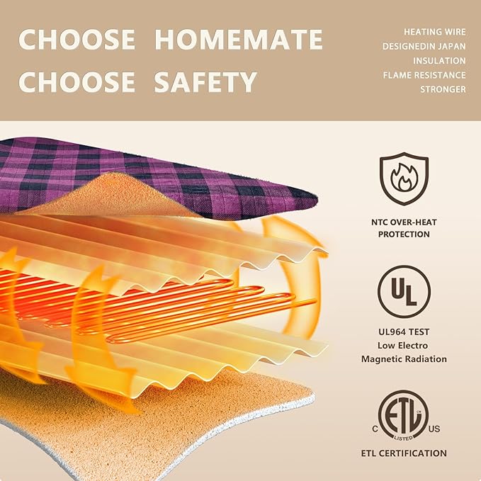 Homemate Electric Blanket Heated King Size - 100“x90“ Ultra Soft Cozy Flannel Heating Blanket with 10 Fast Heat Levels 8 Hours Auto Off Over-Heated Protection ETL Certification Keep Warm in Home