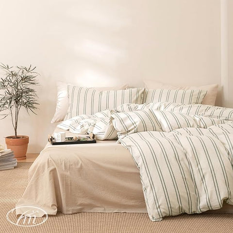 VM VOUGEMARKET Teen Boys Duvet Cover Set Twin,Greyish-Green Stripes Duvet Cover with 2 Pillowcases,Modern Cozy Washed Cotton Comforter Cover with Zipper Closure & Corner Ties 68"x90"(3pcs,Twin XL)