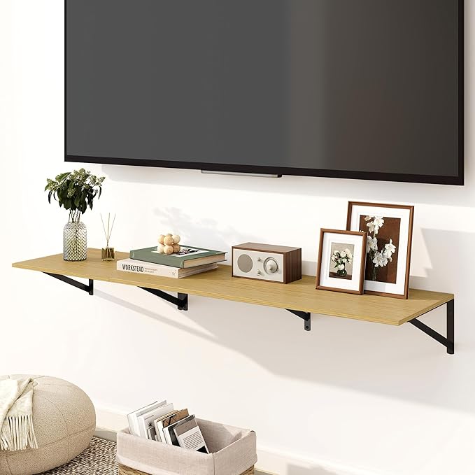 Fun Memories Floating Shelves for Wall, 12 Inch Deep Floating Shelves Set of 2, 36W x 12D Large Wall Shelf with Sturdy Metal Brackets for Living Room, Bathroom, Bedroom and Kitchen, Oak