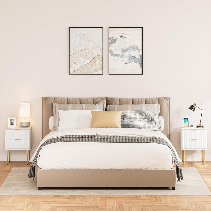 Nightstand,Morden Bedside Table with Gold Frame,Small White Night Stand,End Table,Bedside Furniture,Side Table with Drawer and Shelf for Bedroom,Living Room (2Drawers, White.)