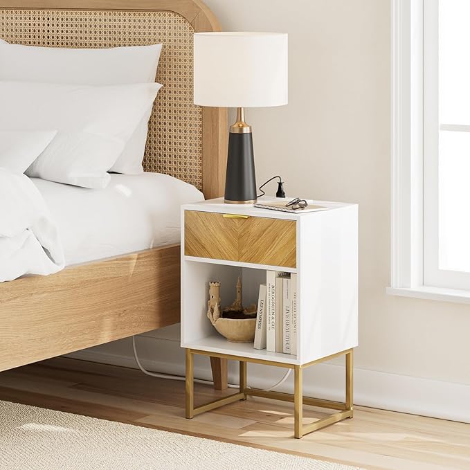 Masupu Nightstand with Charging Station,Modern Night Stand Boho Farmhouse Wood Bedside Table with Storage Drawer Side End Table for Bedroom,Living Room,Office,White with Outlet