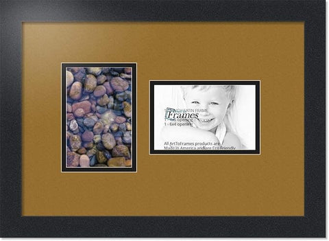 ArtToFrames Collage Photo Frame Double Mat with 2-4x6 Openings with Satin Black Frame and El Dorado mat.