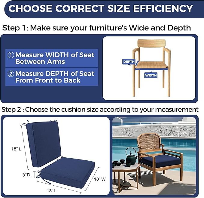 Outdoor Chair Cushion 18 x 18 x 3 Inch, Waterproof & 3-Year Fade Resistant Patio Furniture Cushions, Removable Cover and Adjustable Ties for Garden Sofa Couch (Blue)