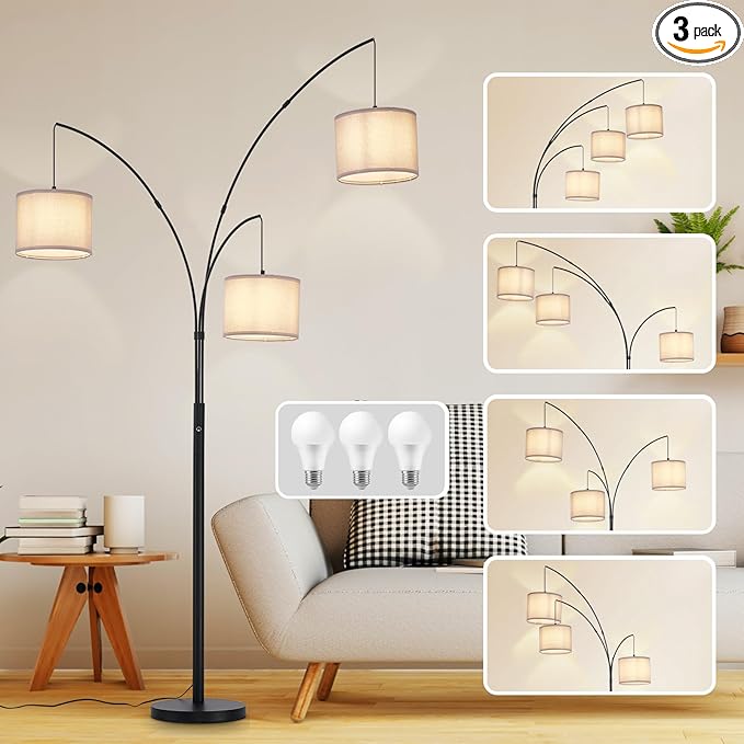 DLLT Modern Floor Lamp for Room: 3-Light Black Tree Dimmable Floor Lamps with Gray Shades for Living Room - Arc Standing Lamp for Bedroom - Tall Floor Lamp for Office Corner 3 LED Bulbs Included