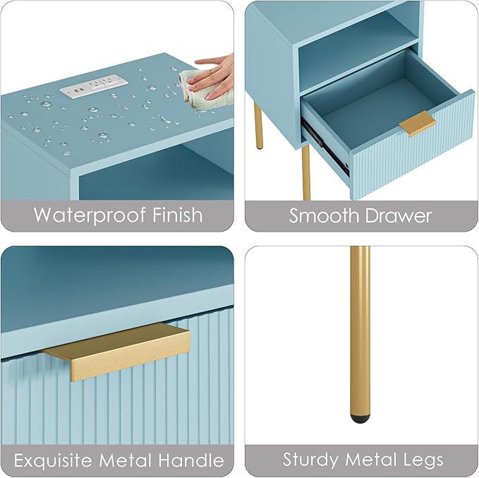 Nightstand,Morden Bedside Table with Gold Frame,Small White Night Stand,End Table,Bedside Furniture,Side Table with Drawer and Shelf for Bedroom,Living Room (1Drawer, Blue-Outlet)