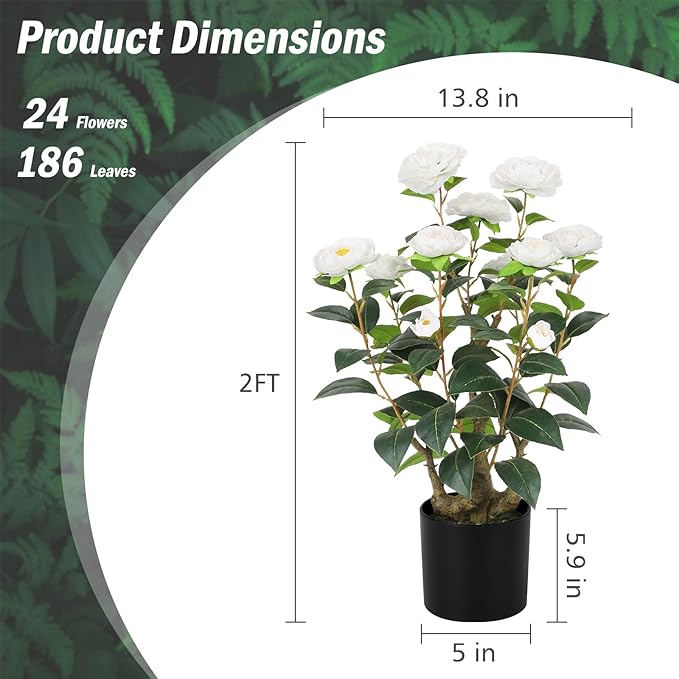 Romantic Season 2FT White Artificial Camellia Tree 2Pack, Faux Camellia Plant Fake Potted Camellia Flower Tree Plastic Camellia Tree for Modern Home Office Living Room Floor Décor