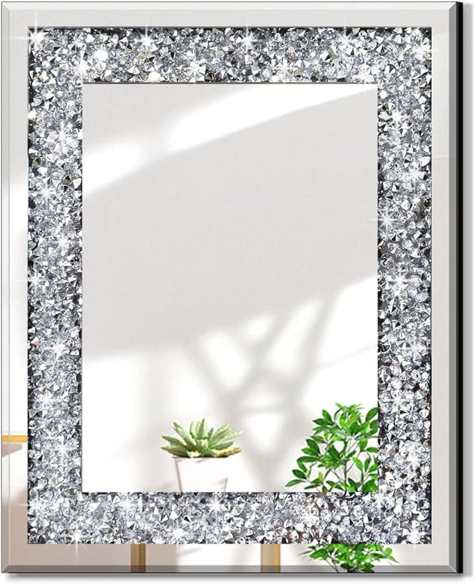 Rectangle Sparkling Decorative Wall Mirror for Home Decoration with Silver Crystal Crush Diamond Décor, Dimention16x20x1 inch, Wall Hang Frameless Mirrors Glass Diamond Décor.