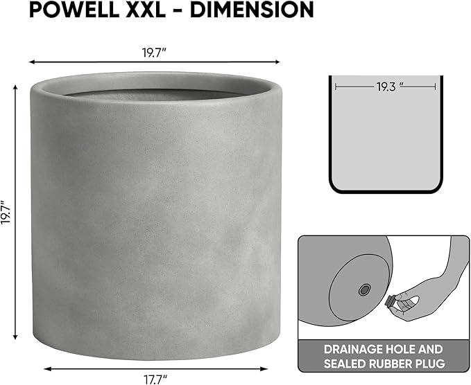 DTY Signature Mount Powell Fiberstone Planter - 20 Inch Jumbo Gray Cylindrical Mid-Century Modern Home Decor Indoor & Outdoor Plant Pot - Durable Planters for Indoor Plants, Outdoor Spaces