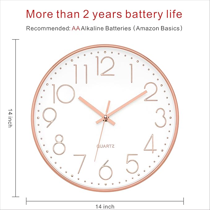 Foxtop 14 Inch Large Silent Non-Ticking Rose Gold Wall Clock Battery Operated Round Quartz Modern Wall Clock Decorative for Living Room Bedroom Kitchen Home Office