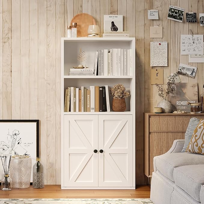 Bookshelf Bookcase with Doors, 4 Tier Wooden Storage Shelves Organizer, Floor Standing Display Cabinet Shelves, Home Decor Furniture for Home Office, Living Room, Bedroom, White