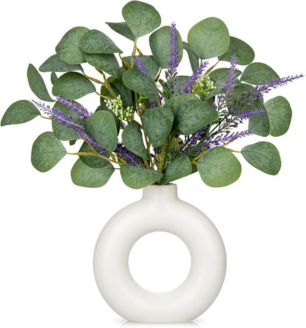 Artificial Eucalyptus Stems in Ceramic Vase 14.23" Fake Eucalyptus Plant Decor White Donut Vase with Greenery Centerpiece Table Decorations Small Faux Green Plant for Home Farmhouse Wedding Table