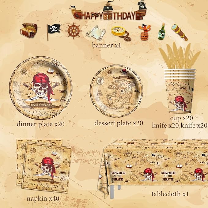 Pirate Party Supplies - 142Pieces Beware of the Pirate Theme Tableware Set Incluedes Pirate Plates,Tablecloth,Napkins Treasure Map Theme Decorations for Baby Shower Party,Adventure Party