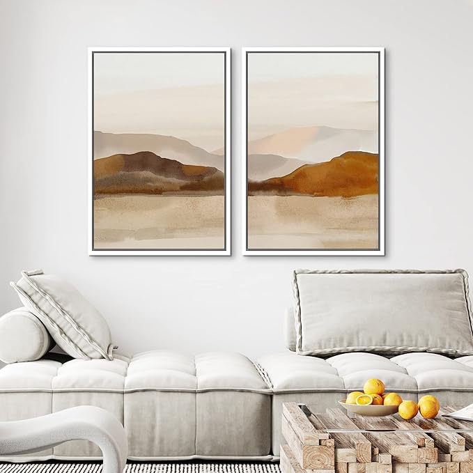 MUDECOR Framed Canvas Print Wall Art Pastel Brown Mountain Range Ocean Lake Wilderness Nature Illustrations Modern Art Decorative Calm/Relax Multicolor Rustic Minimal for Bedroom - 24"x36"x2 White