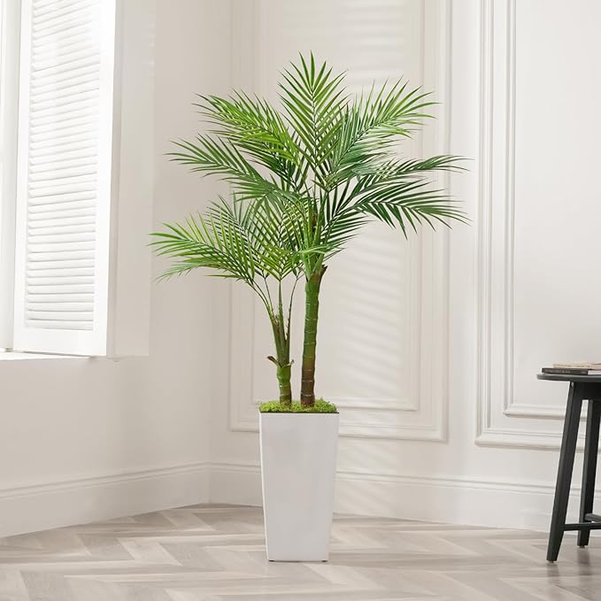 Fake Palm Tree 5FT - Artificial Plants with White Tall Planter, Faux Tropical Golden Cane Palm Tree with Two Trunks and 18 Realistic Palm Leaves, Indoor Floor Plants for Living Room Office Decor