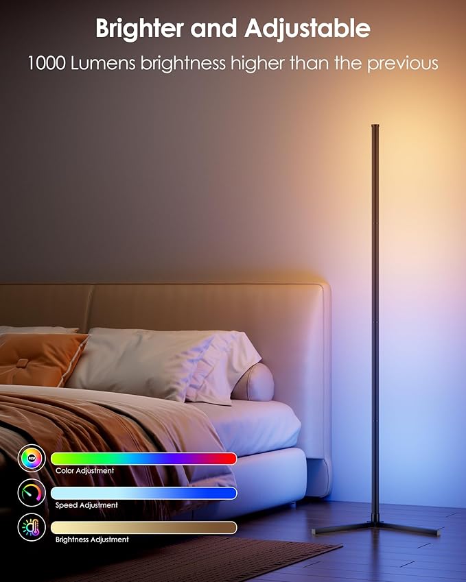 Corner Floor Lamp, 65" Smart RGB Color Changing LED Floor Lamp with APP and Remote Control, Modern Mood Lighting Corner Lamp with Music Sync, DIY Mode & Timing for Living Room Gaming Room
