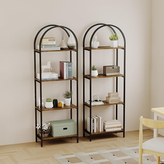 Bookshelf Arched Bookcase, Industrial Curved Metal Book Shelves, 72" Tall Freestanding Open Storage Shelf Display Rack for Living Room Home Office, Rustic Brown, 4-Tier