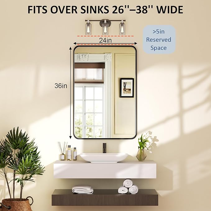 24×36 Black Bathroom Mirrors for Over Sink - Rectangular Wall Mirror with Rounded Corners & Metal Frame, Tempered-Glass Entryway Wall Decor for Bedroom, Living Room, Vanity, Horizontal/Vertical