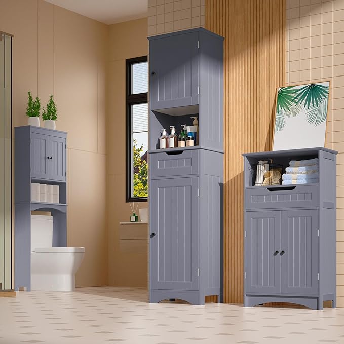 Gizoon 67" H Tall Bathroom Cabinet, Storage Cabinet with 2 Doors & Drawer, Narrow Linen Tower Freestanding Adjustable Shelves for Home, Kitchen, Versatile, Anti-Tipping, Grey