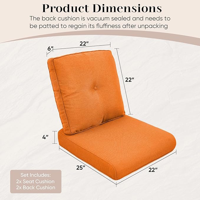 Outdoor Chair Cushions-Patio Chair Cushions Set of 2 with Removable Cover 22 X 25 Inch Outdoor Cushions for Patio Furniture Chair Sofa Couch-Orange